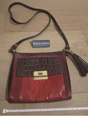 Brahmin Red Burgundy Brown Croc Embossed Leather Crossbody Bag Tassel Purse